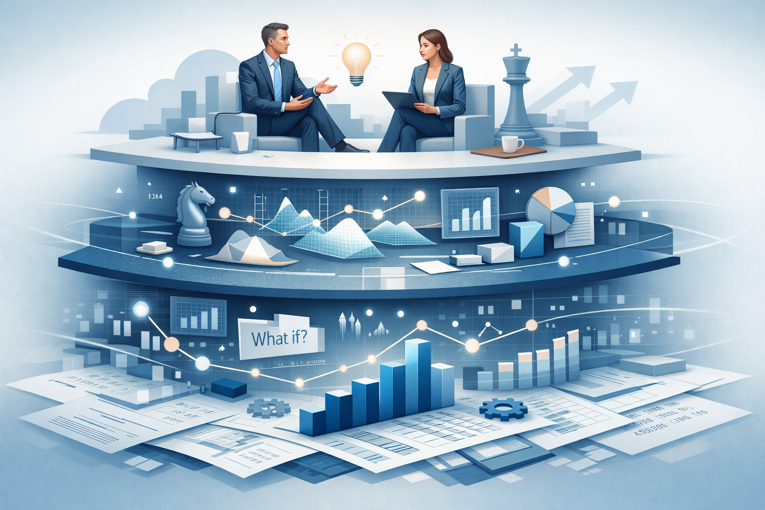 Business meeting with charts, graphs, and chess pieces symbolizing strategy.